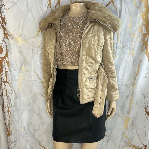 bebe Jackets & Coats Bebe Beige Quilted Jacket With Fur Trim Poshmark